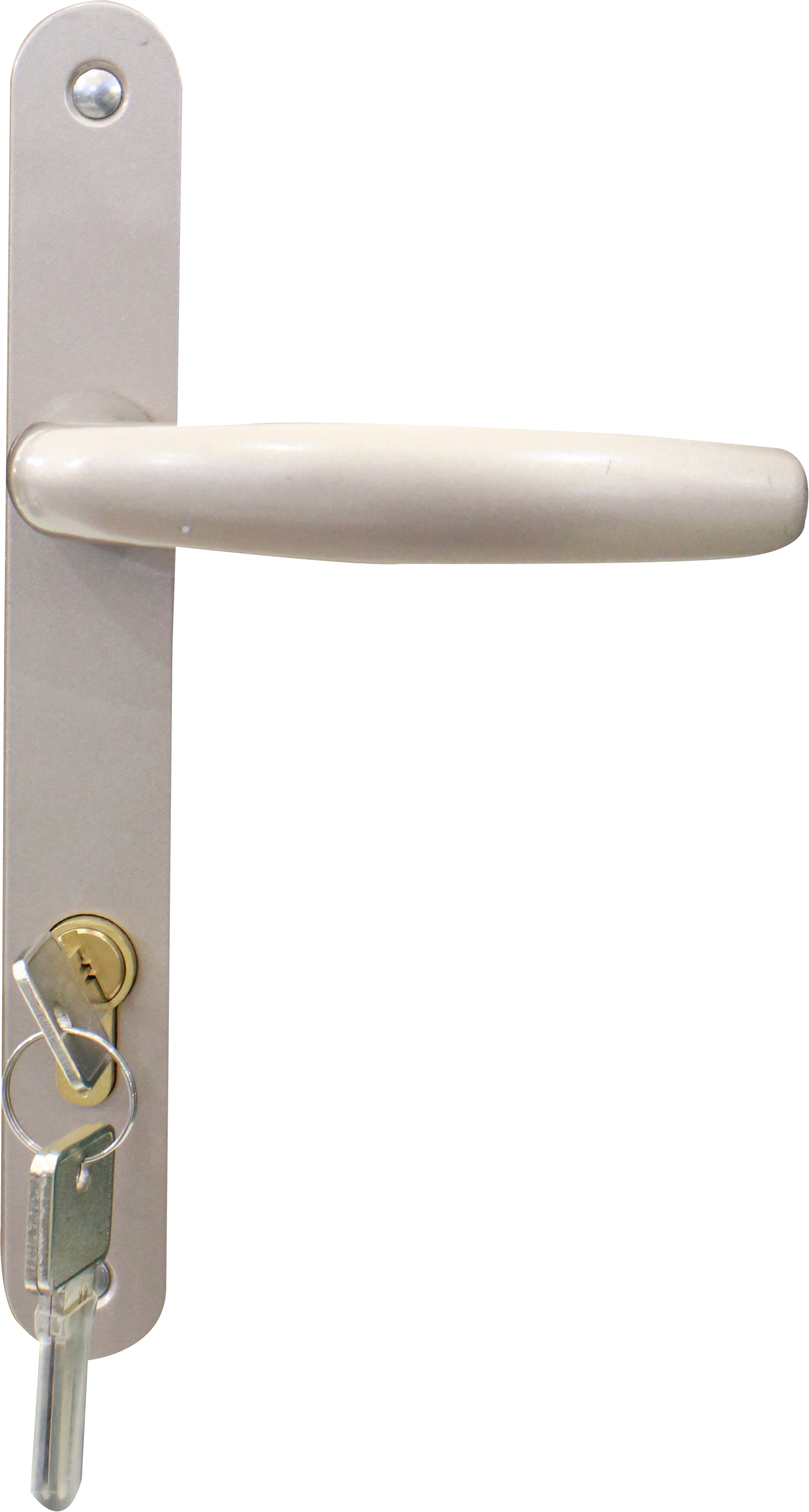 Poignée de porte blanche sur une plaque de serrure en métal avec une clé insérée.