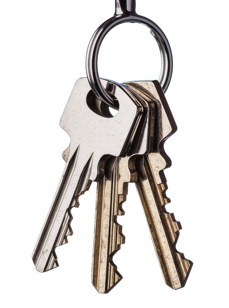 Un porte-clés avec plusieurs clés de maison en métal accrochées ensemble sur fond blanc