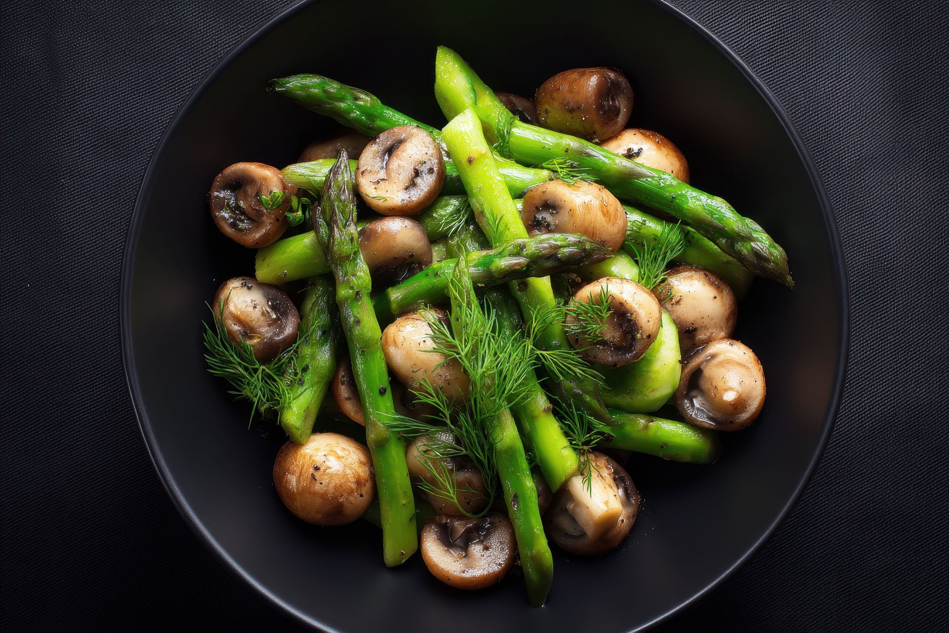 Spargel, Pilze und Dill in einer schwarzen Schüssel auf einem schwarzen Tisch.
