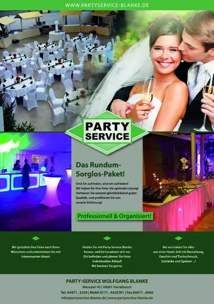 Eine Werbung für einen Partyservice zeigt ein Brautpaar
