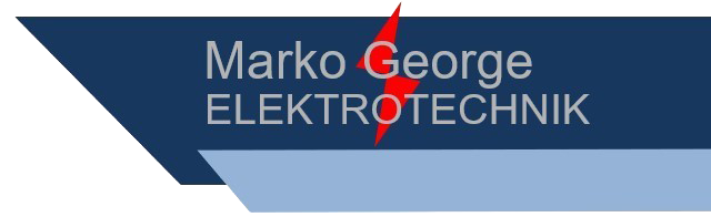 Logo für Marko George Elektrotechnik mit dem Firmennamen in grauer Schrift über einem dunkelblauen Pfeil mit einem roten Blitzsymbol.