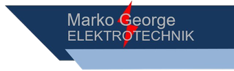 Logo für Marko George Elektrotechnik mit dem Firmennamen in grauer Schrift über einem dunkelblauen Pfeil mit einem roten Blitzsymbol.