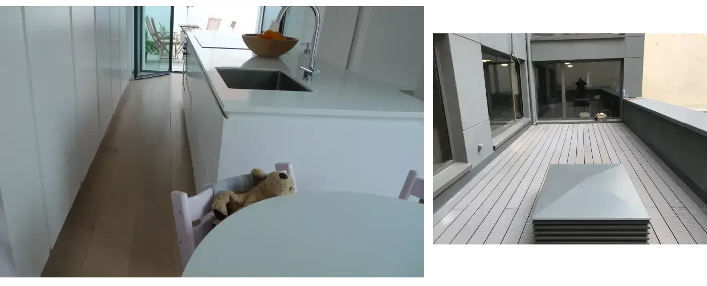Una foto de una cocina y una foto de un balcón.