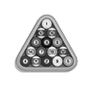 Un estante triangular que contiene un juego de bolas de billar, dispuestas y listas para un juego.