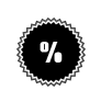 Pegatina negra en forma de estrella con un signo de porcentaje blanco, que indica un descuento.