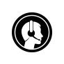 Una silueta blanca de una persona que usa un auricular dentro de un círculo negro, que indica atención al cliente o asistencia.