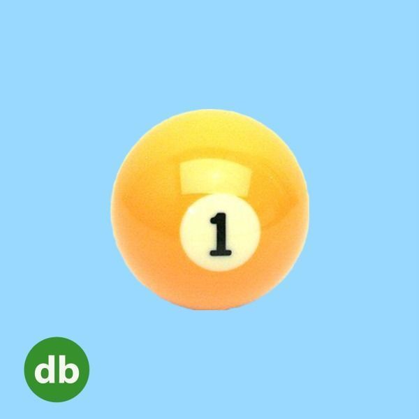 Bola de billar amarilla con el número 1, centrado sobre un fondo azul claro.