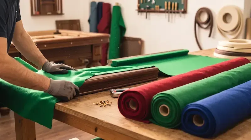 Cambiar la tela de billar en Madrid mostrando a un operario técnico instalando un paño de color verde en el taller.