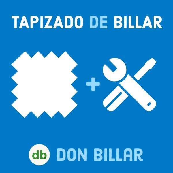 Cuadrado azul con iconos blancos: un trozo de tela y una llave inglesa/destornillador, que representan la tapicería de una mesa de billar. Incluye el texto