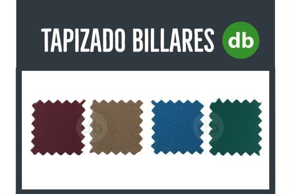 Muestras de fieltro para mesa de billar en colores granate, tostado, verde azulado y verde oscuro bajo el texto