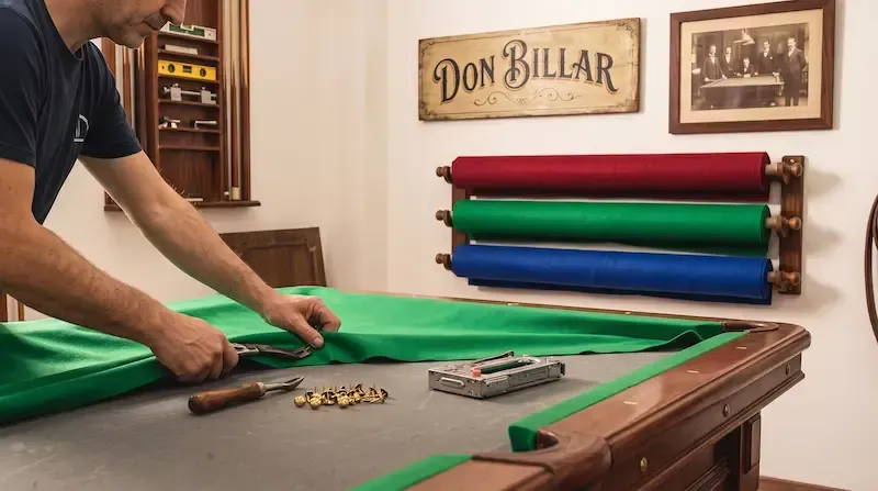 Tapizado de billares en Barcelona y cambio de tela de mesa a domicilio.