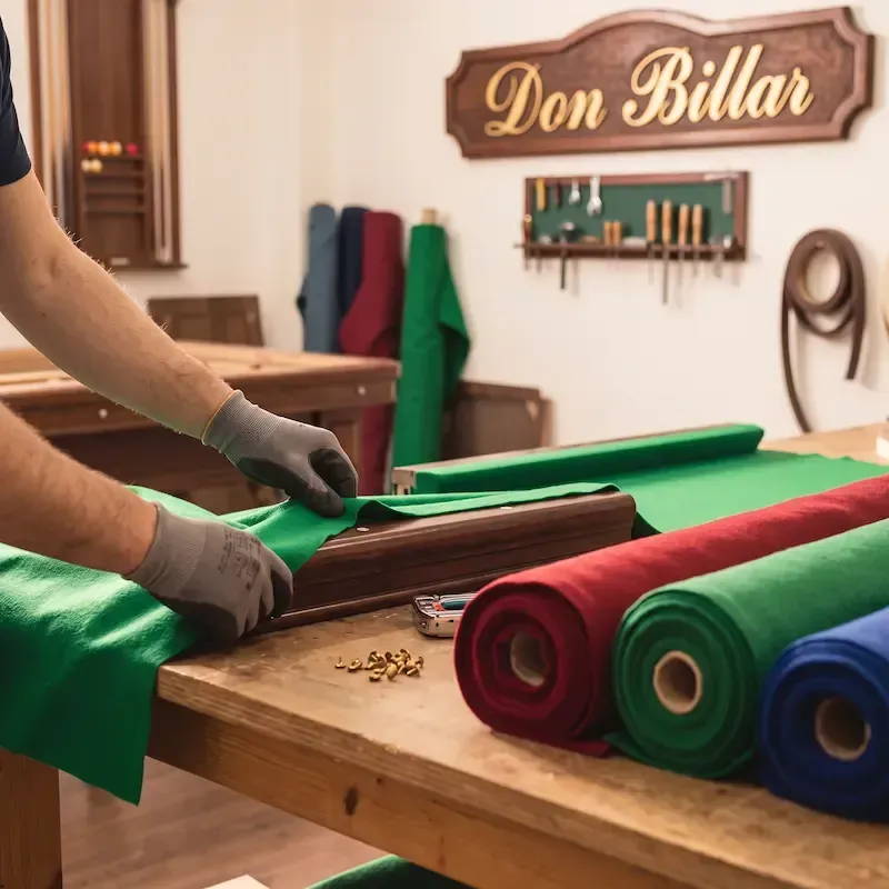Tapizado de billares en Madrid y cambio de gomas de las bandas con paño premium Gorina en el taller de Don Billar.