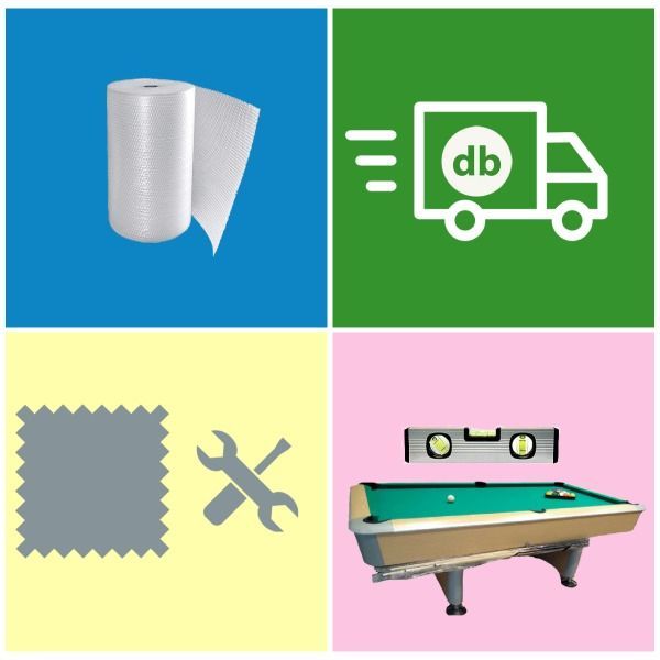 Cuatro iconos: un rollo de plástico de burbujas, un camión de reparto, una herramienta y un paño, una mesa de billar y un nivel.