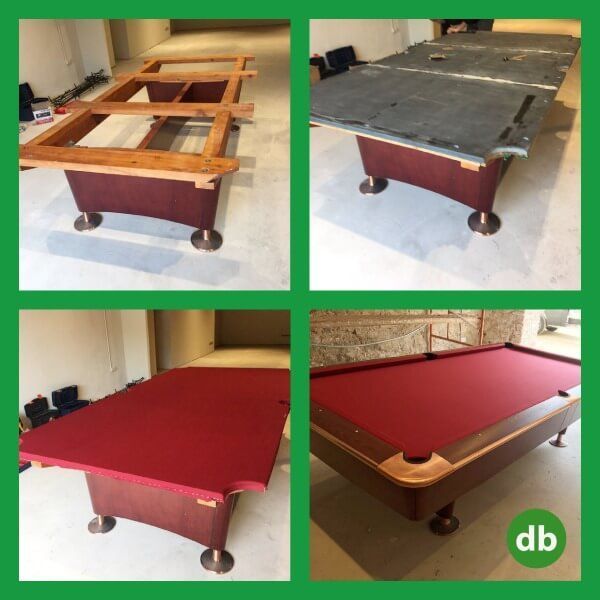 Mesa de billar en proceso de montaje. Etapas de su construcción, desde el marco hasta la mesa terminada con fieltro rojo.