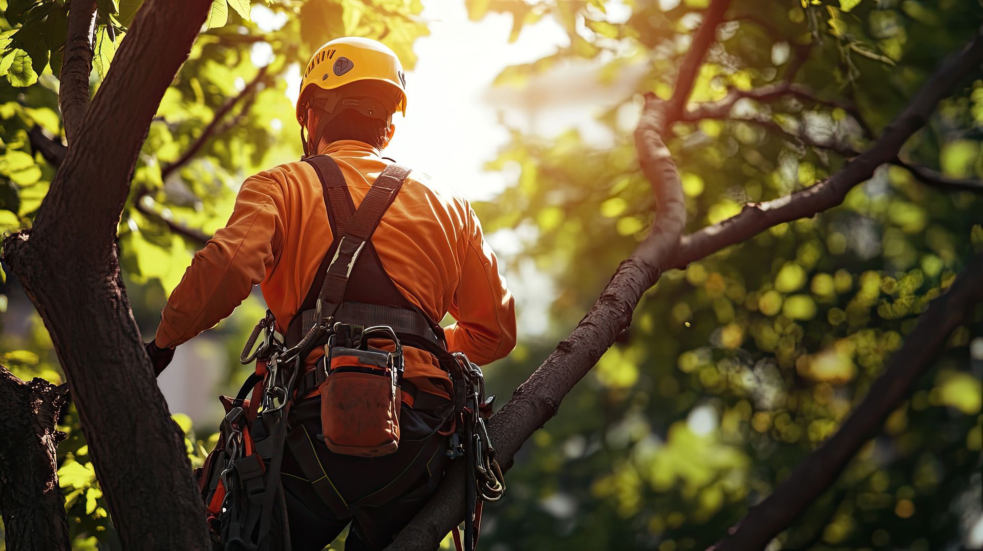 Un élagueur en orange avec un casque, debout dans une forêt ensoleillée, vu de dos