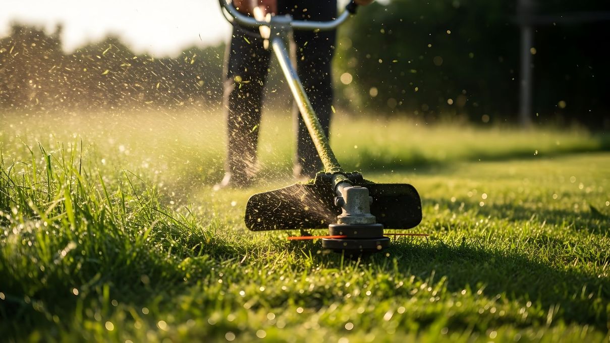 Personne utilisant un coupe-bordures pour couper l’herbe dans un jardin ensoleillé