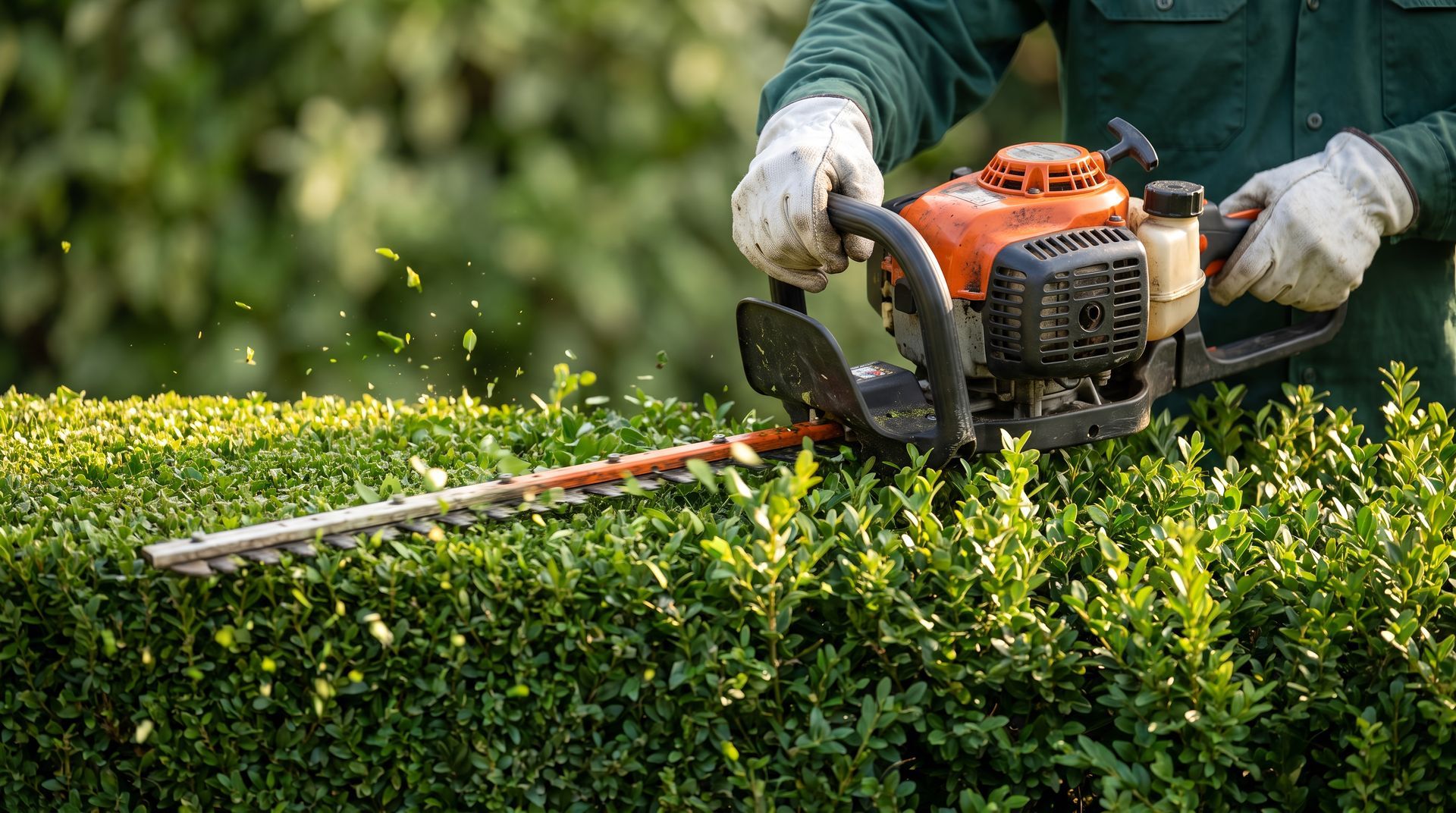 Personne utilisant un taille-haie pour tailler une haie verte dans un jardin
