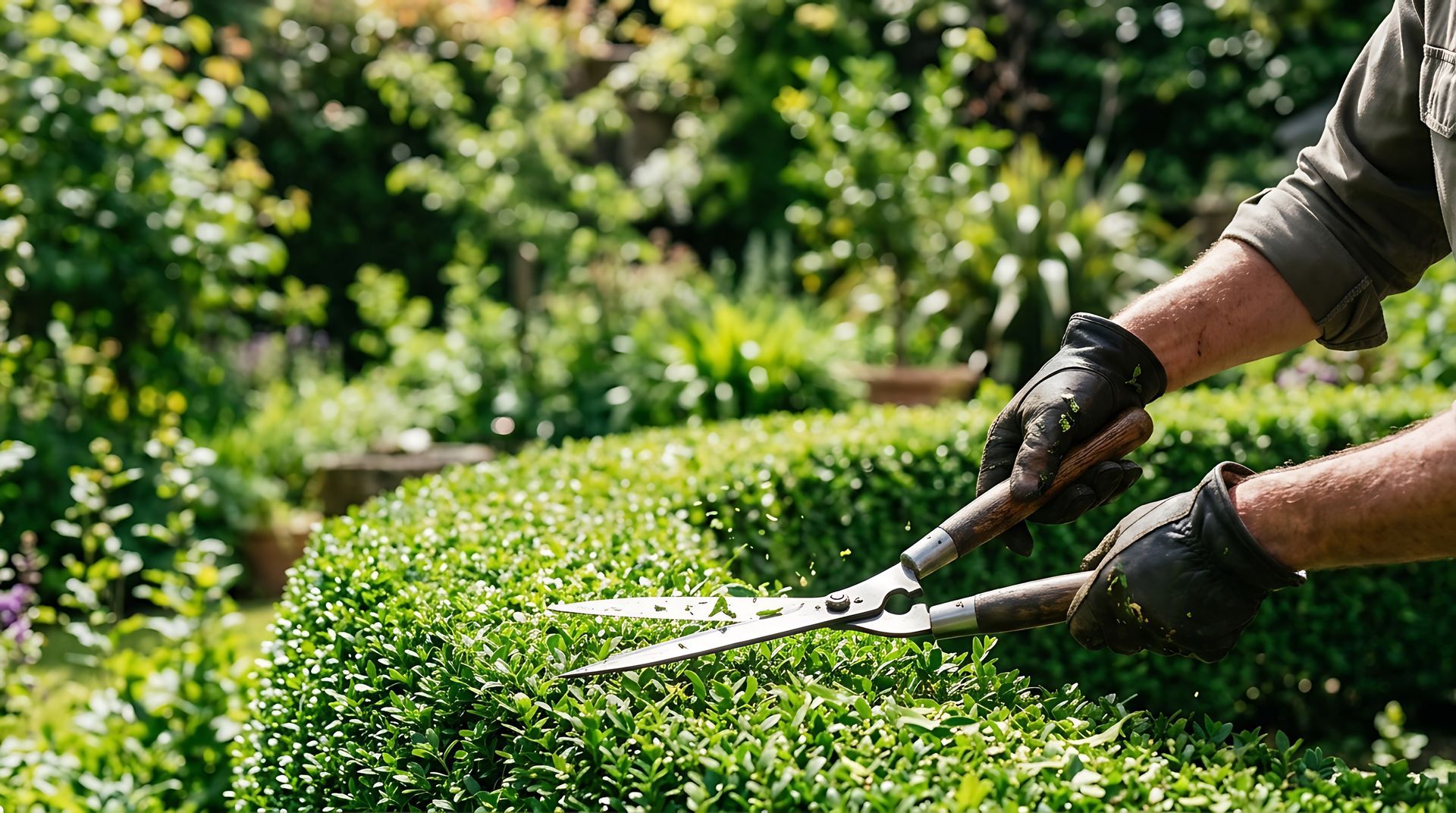 Une personne taillant une haie verte avec des cisailles de jardin dans un jardin ensoleillé