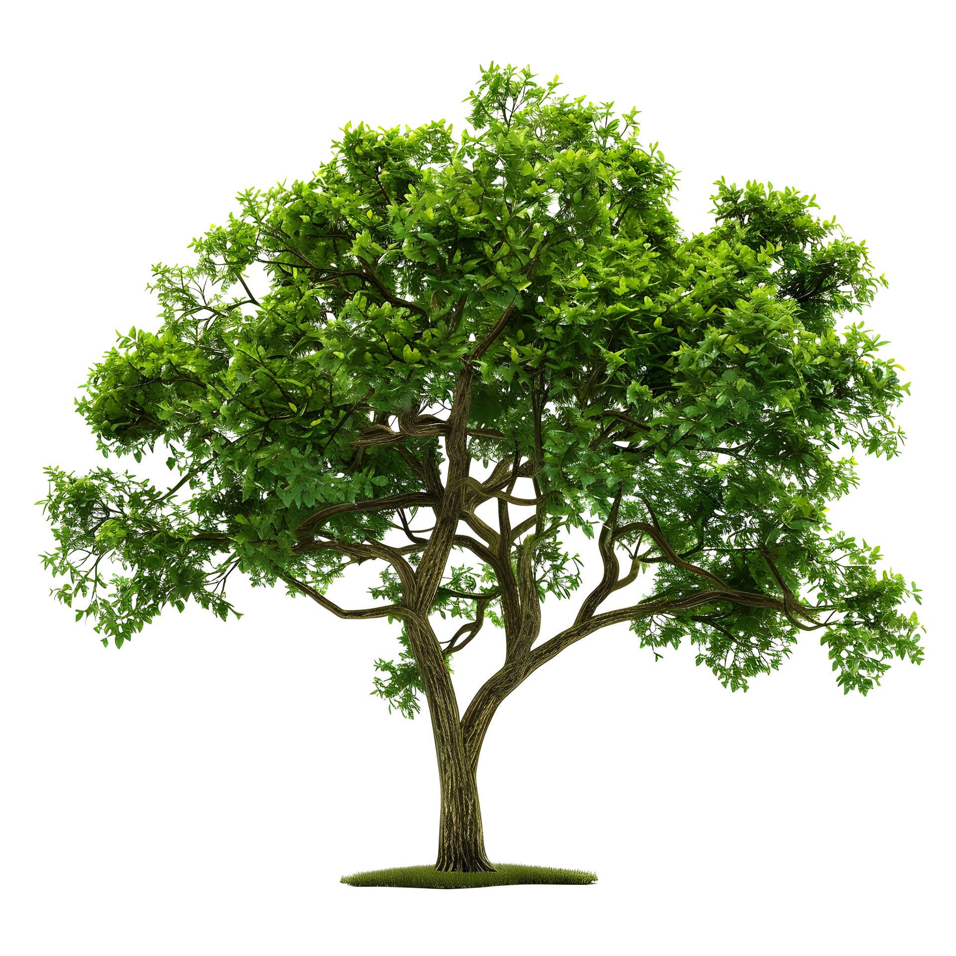 Un arbre d’un vert luxuriant, à large couronne, se dressant seul sur un fond blanc