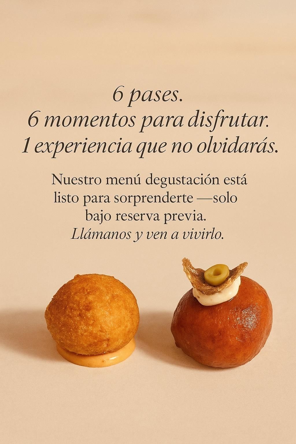 Anuncio de texto para un menú degustación con dos platos sobre fondo beige.