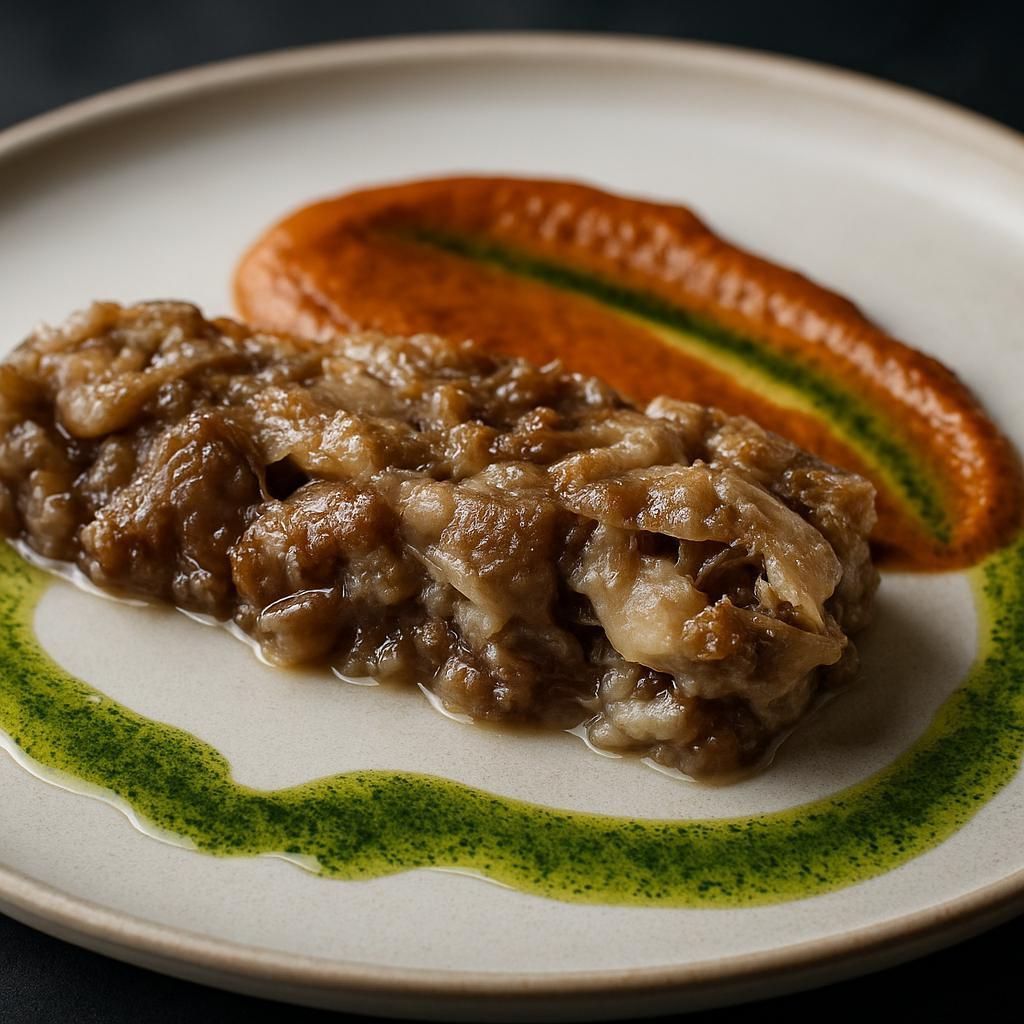 Sándwich abierto sobre plato marmolado, cubierto con flores de colores y un chorrito de salsa.