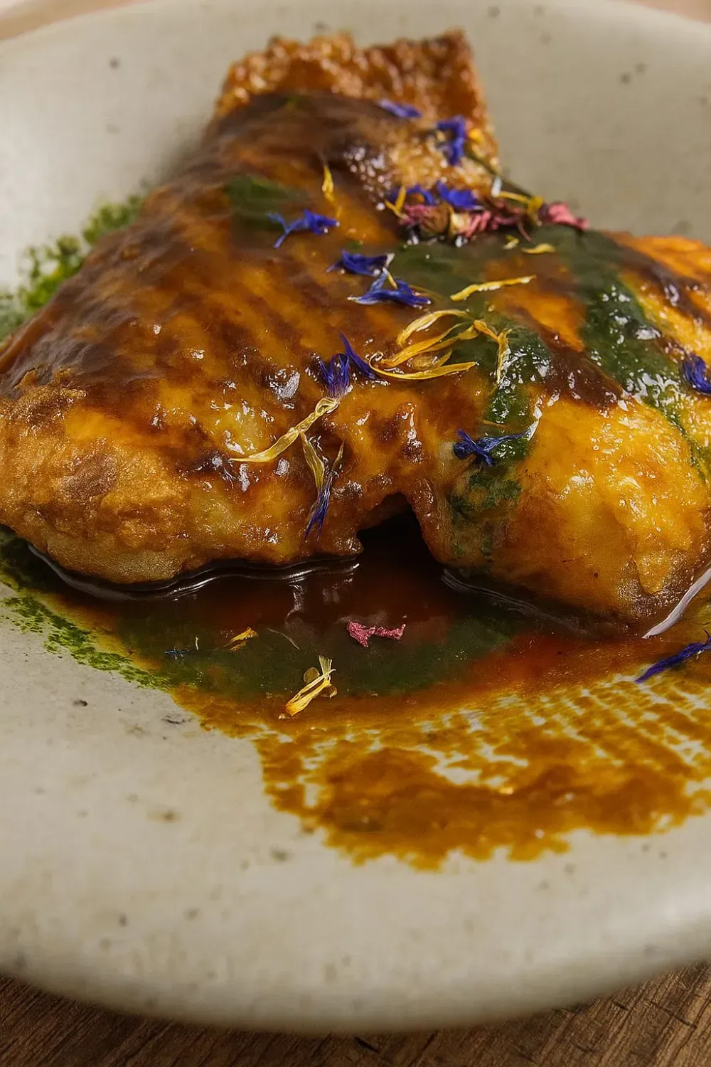 Filete de salmón crujiente con salsa y guarnición en plato gris.
