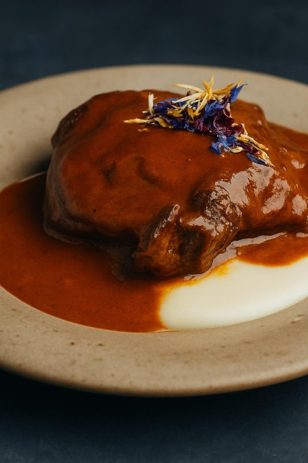Carne estofada con salsa de color marrón rojizo, sobre un lecho de puré blanco, adornado con flores azules y amarillas.