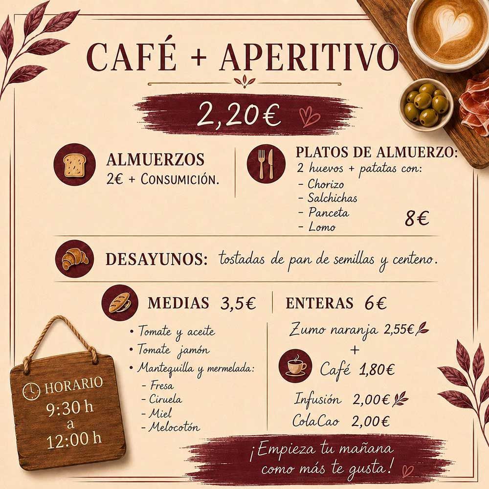 Menú de aperitivo de café vintage en español con precios, café, desayunos, almuerzos y bebidas en tonos marrones cálidos.