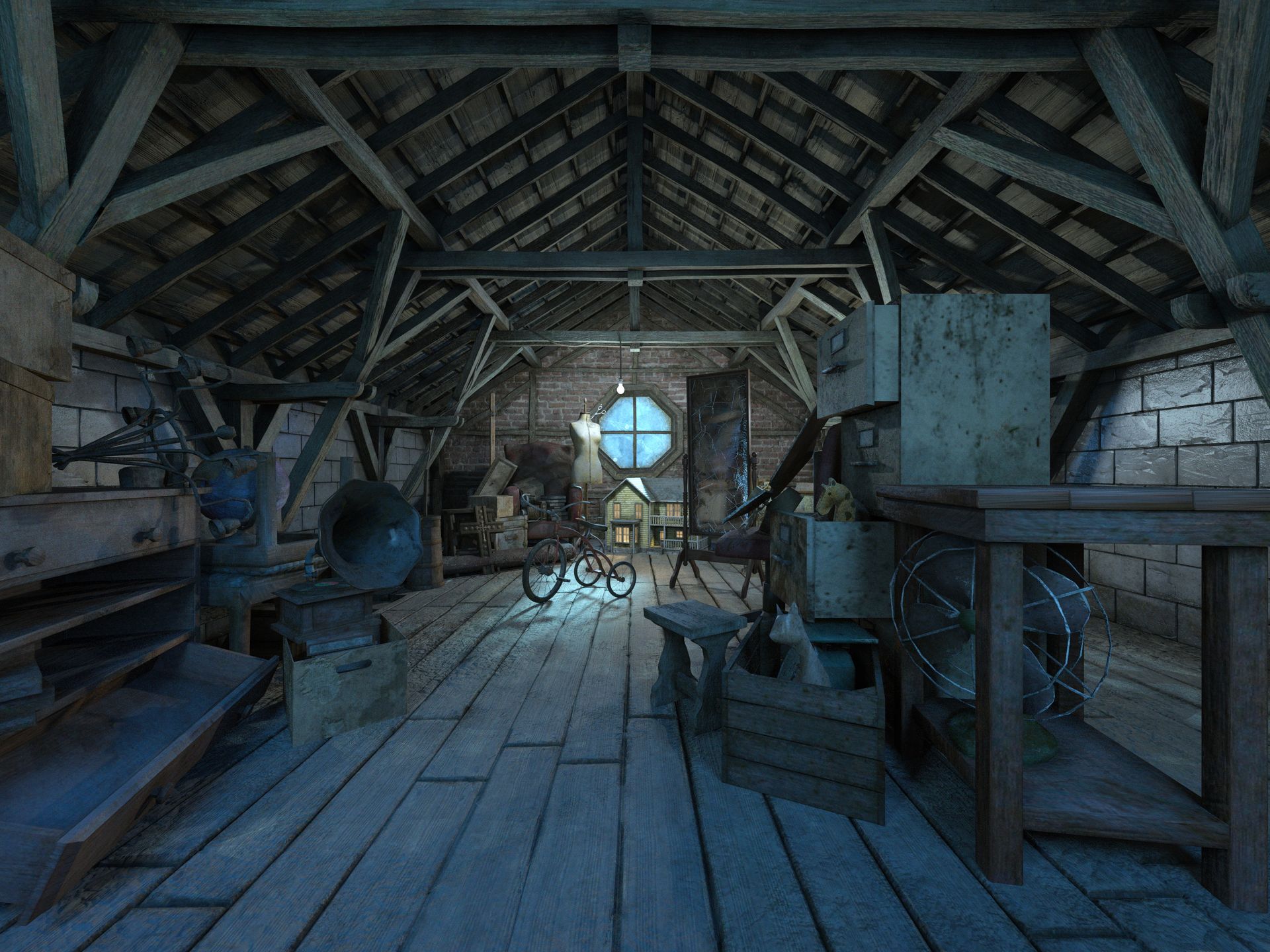 Un grenier faiblement éclairé et encombré, avec une charpente en bois, une fenêtre ronde, un vieux vélo et divers objets vintage.