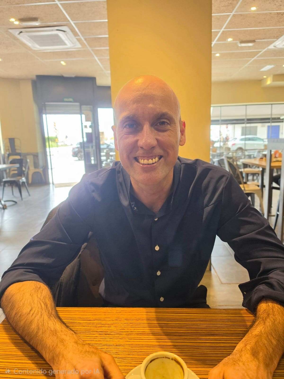 Persona sonriendo en una mesa de madera en el interior luminoso de una cafetería o restaurante.