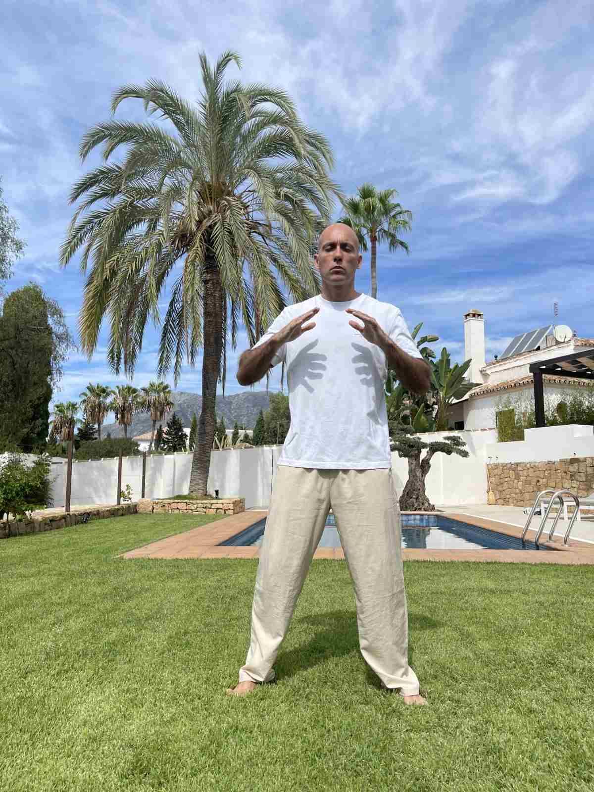 Hombre de pie en un césped, con palmeras y una piscina al fondo, gesticulando con ambas manos.