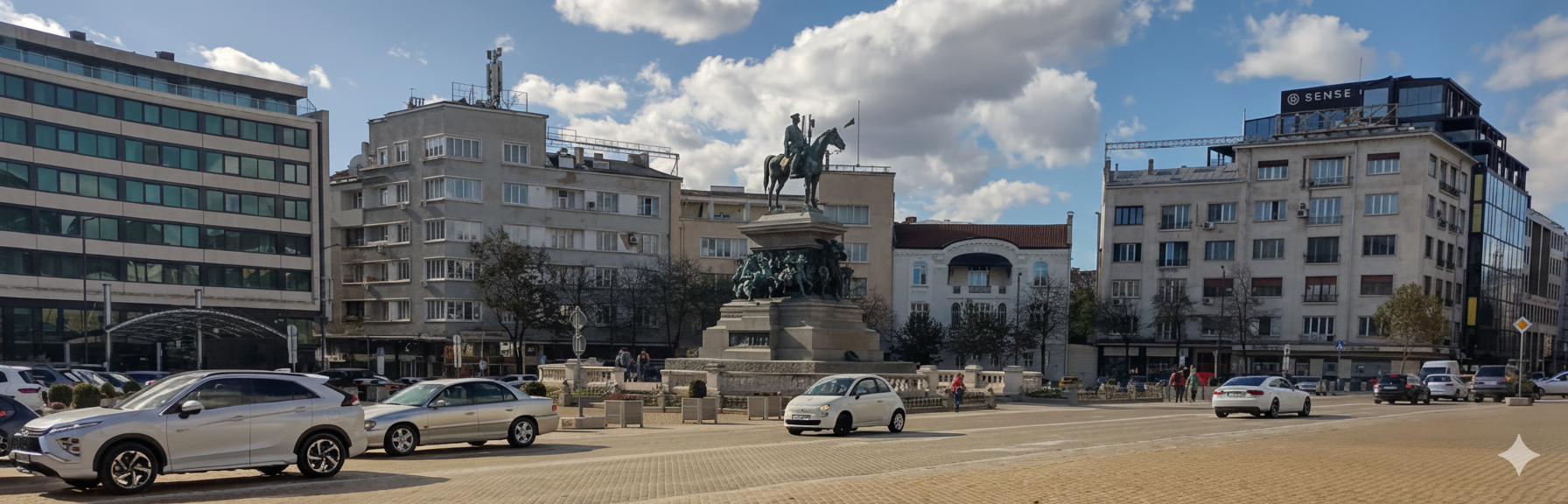 Equestrian monument of the Tsar Liberator in Sofia, with modern buildings.