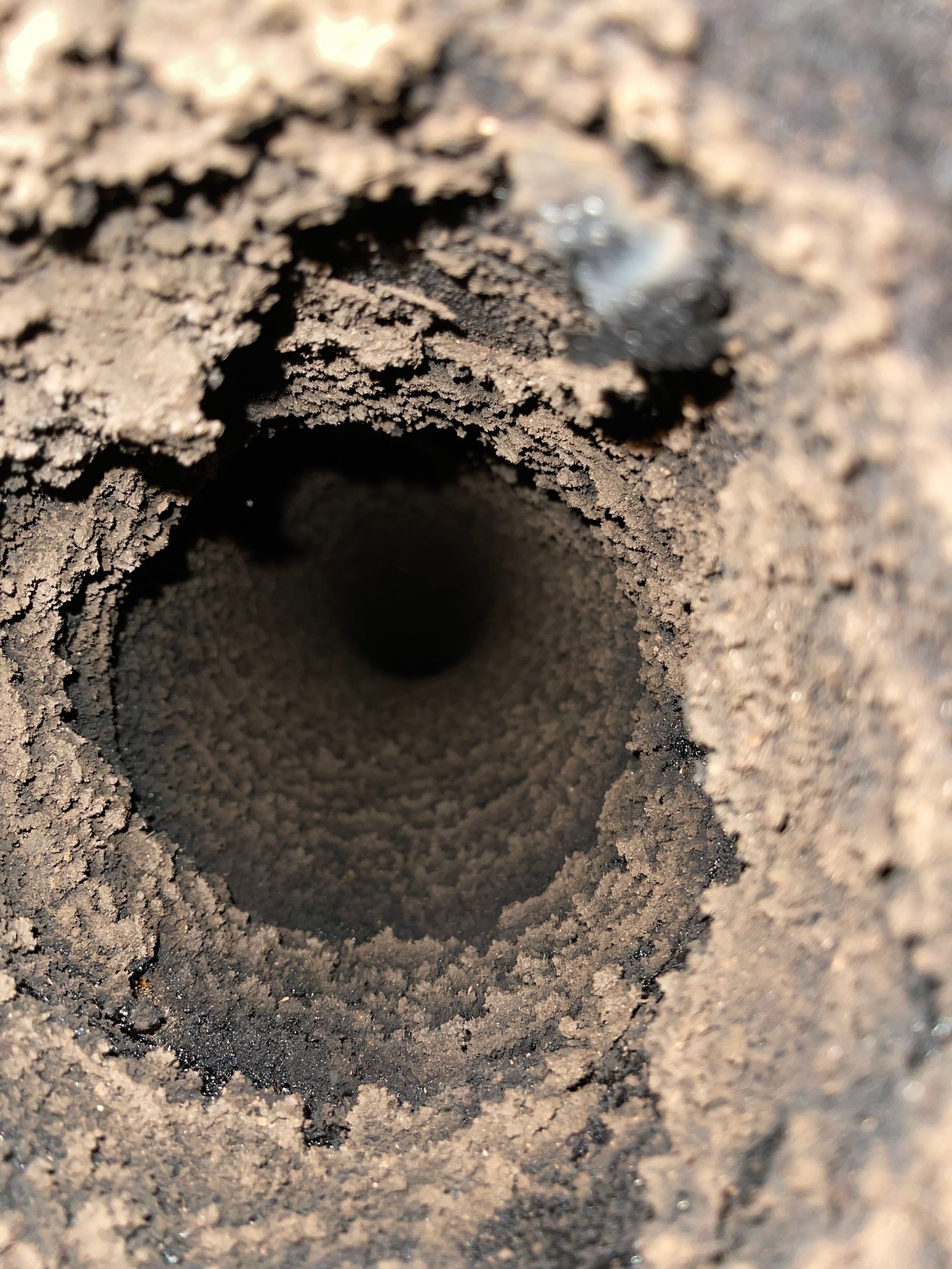Gros plan d'un trou cylindrique sombre dans un sol irrégulier.