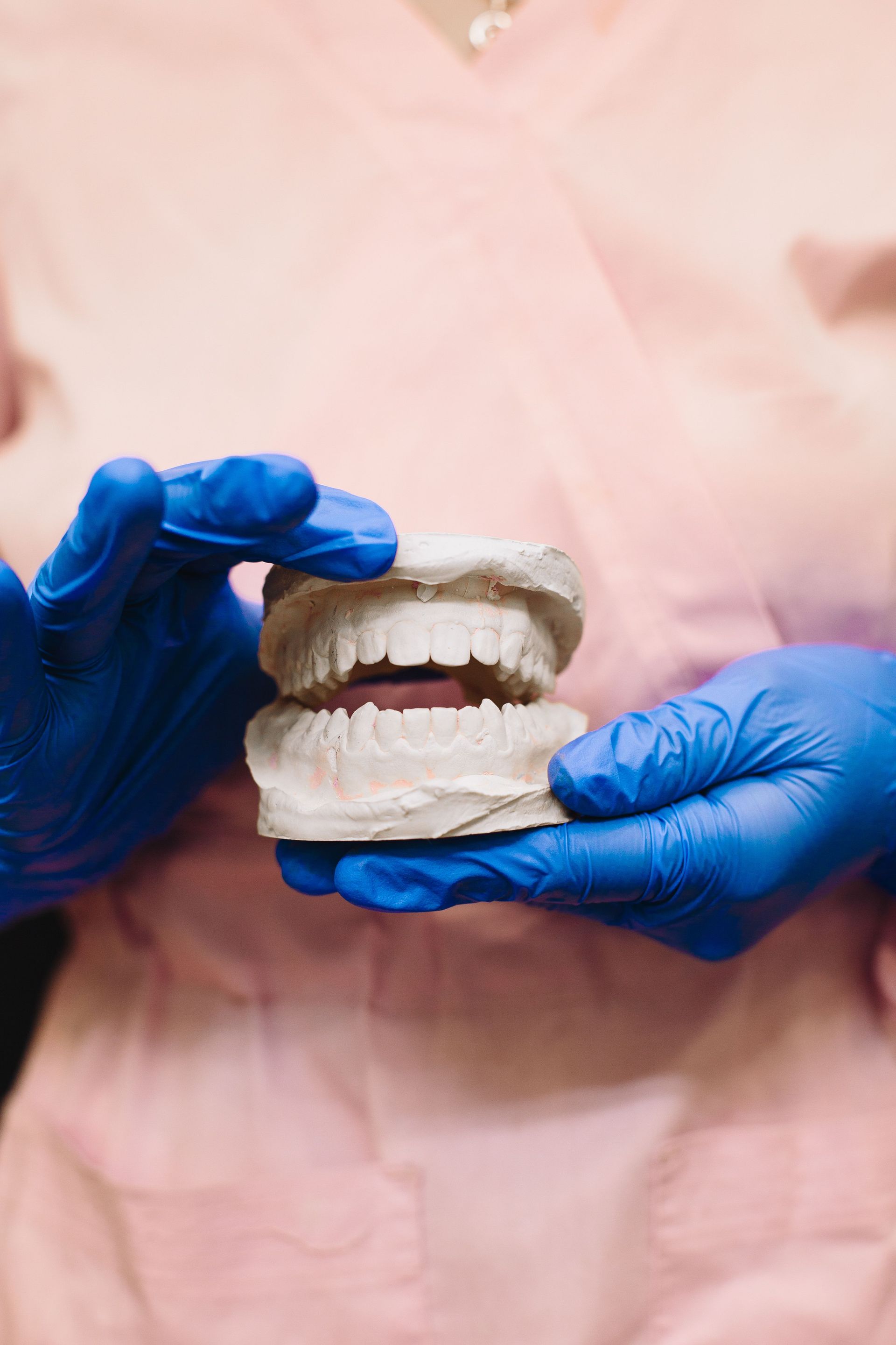 Manos enguantadas sosteniendo un modelo dental con dientes superiores e inferiores sobre un fondo rosa.