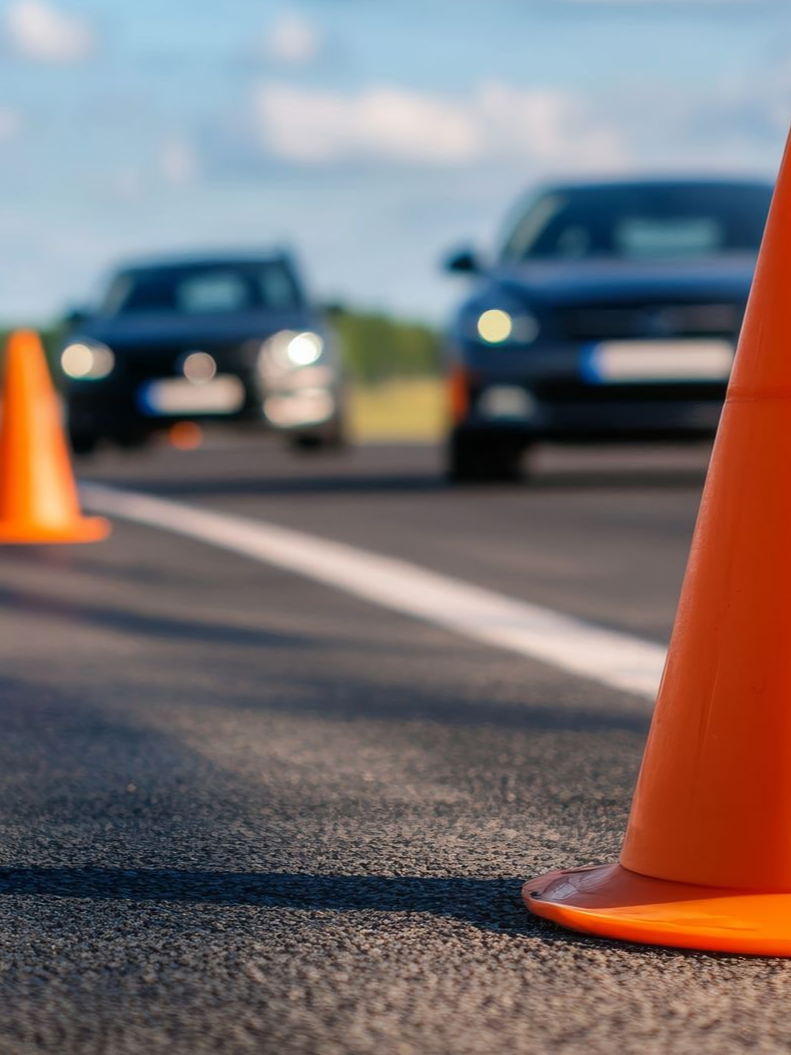Deux voitures noires derrière des cônes de signalisation