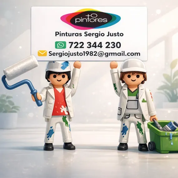 Dos figuritas de pintores con rodillo y cubo de pintura junto a una tarjeta de visita de Pinturas Sergio Justo