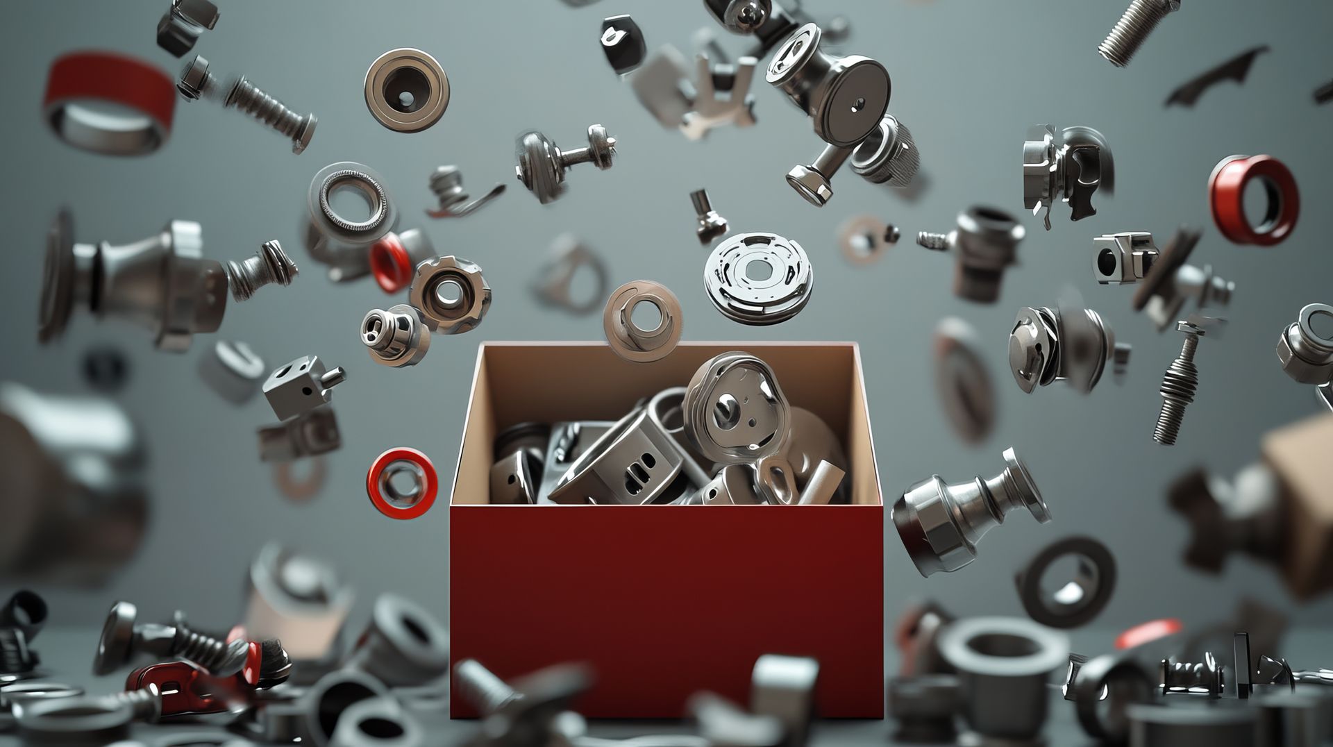 Boîte à outils rouge déversant des roulements métalliques et des pièces mécaniques de toutes sortes sur un fond gris.