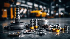 Des piles de pièces automobiles et de boulons métalliques sur une surface sombre et réfléchissante.