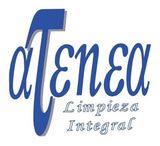 Logotipo azul de "Atenea Limpieza Integral" con texto estilizado.