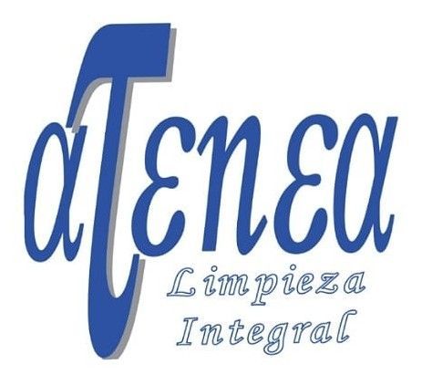 Logotipo azul de "Atenea Limpieza Integral" con texto estilizado.