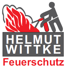 Ein Logo für Helmut Wittke Feuerwehr mit einem Mann, der einen Feuerlöscher hält