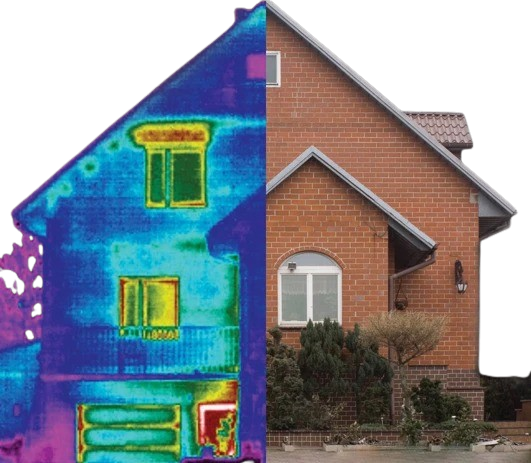 Una imagen térmica de una casa de ladrillo que muestra el interior y el exterior.