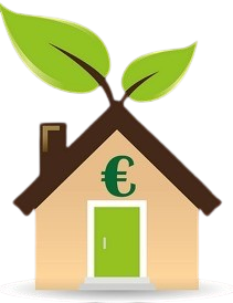 Una casa con una puerta verde y un símbolo del euro verde en ella.
