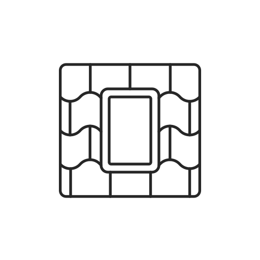 Eine Schwarzweißzeichnung einer Backsteinmauer mit einem Quadrat in der Mitte.