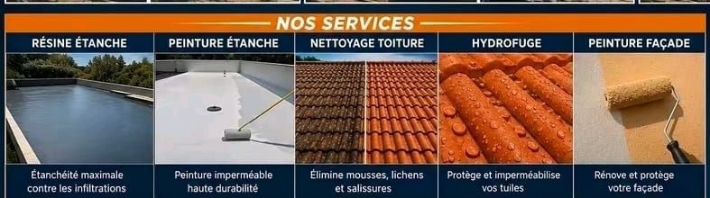 Bannière publicitaire pour les services de toiture, composée de cinq panneaux présentant différents types de toitures et d'un titre orange sur fond bleu.