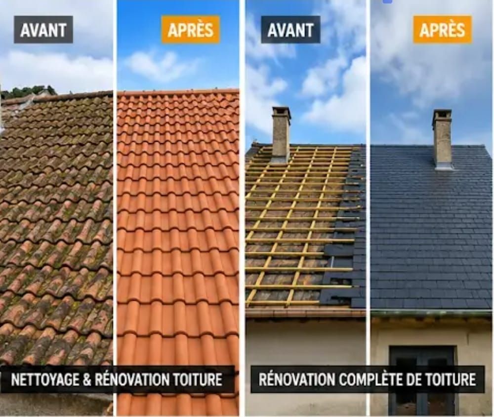Avant et après la rénovation de la toiture : ancienne toiture en tuiles, tuiles rouges nettoyées et deux réparations de toiture avec échafaudage.