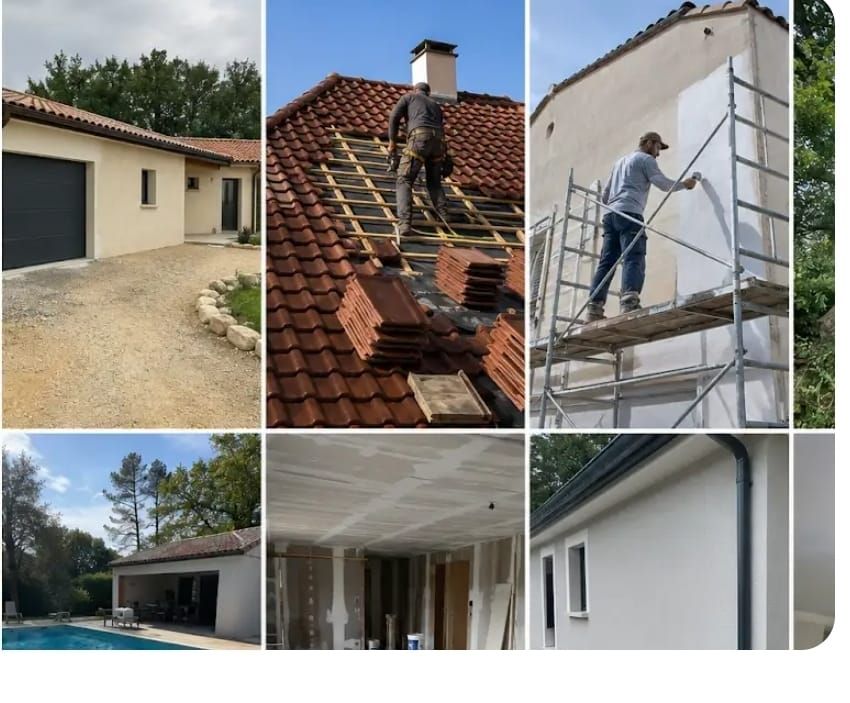 Collage de rénovations extérieures de maisons : réparation de toiture, peinture et aménagement de terrasse