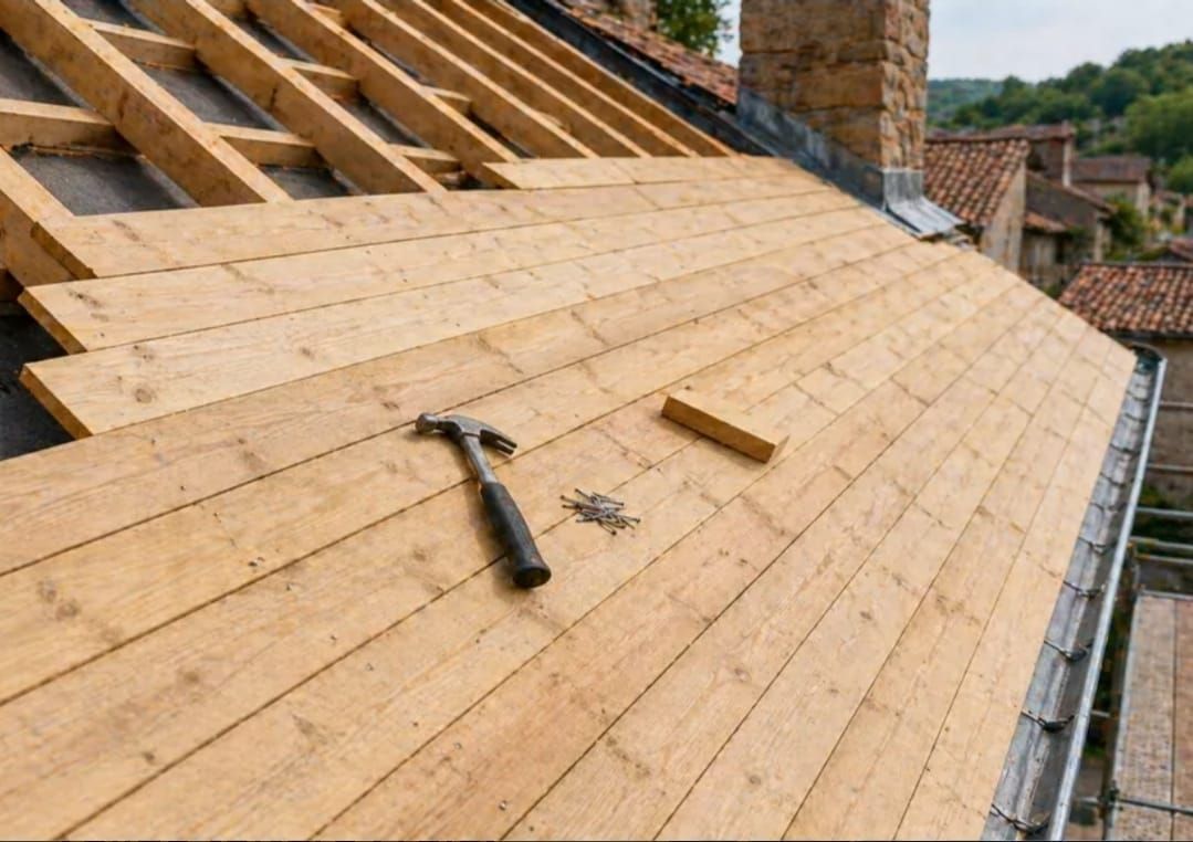 Plancher de toit en bois partiellement installé avec outils sur une maison en construction