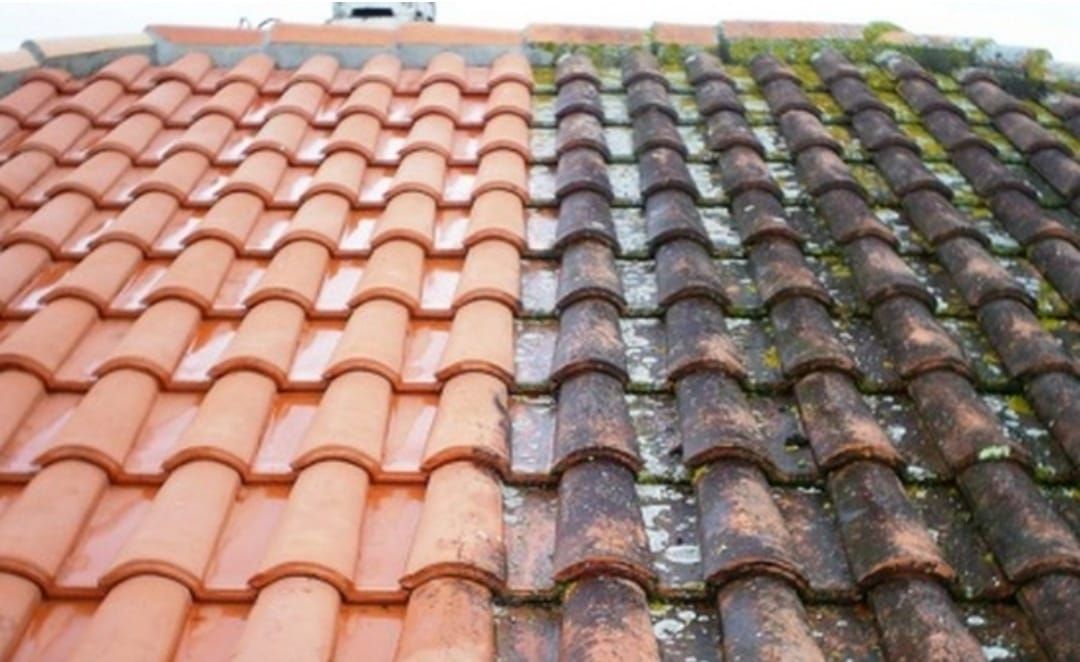Vue partagée de tuiles de terre cuite propres et de tuiles sombres recouvertes de mousse sur un toit en pente