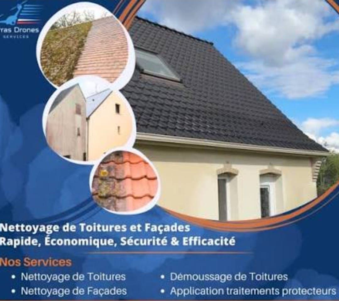 Publicité française pour le nettoyage de toitures et de façades, avec photos de toitures et liste des services sur fond bleu.